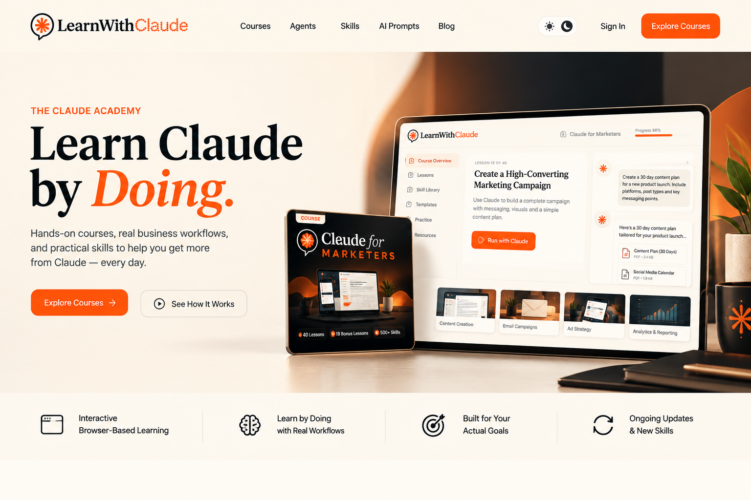 Learn With Claude academy preview showing interactive course lessons on desktop and tablet